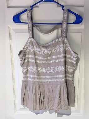 Versona Taupe Tank Top with White Embroidered Trim